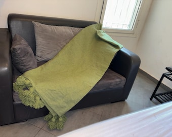 Green Moroccan Pom Pom Blanket, Wool and Cotton, Berber Decor