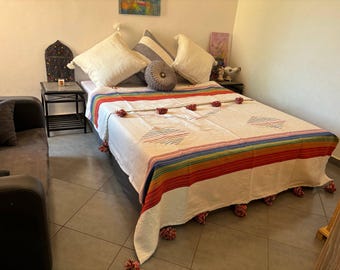 Wool Moroccan Blanket,bedroom blanket,moroccan pompom blanket,moroccan throw blanket,bed spread, woven blanket, bed throw with tassel