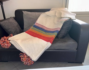 Handwoven Wool Moroccan Pom Pom Blanket, Boho Bed Throw