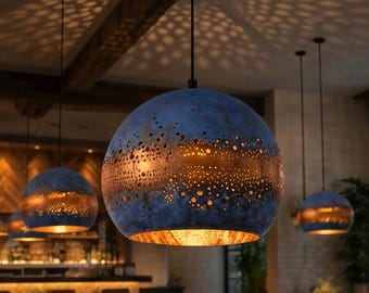 Blue Patina Copper Dome Pendant Light, Moroccan Perforated Hanging Lamp