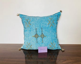 SALE! Blue Moroccan Cactus Silk Pillows, Sabra Pillow, Blue Throw Pillow, Boho Cushion, Decorative Pillow Cover