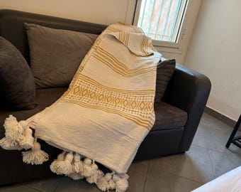 Handwoven Moroccan Pom Pom Blanket – Yellow Embroidered Wool Blend Throw