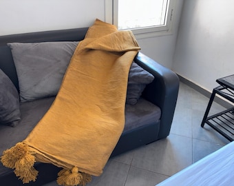 Handmade Moustard Moroccan Pom Pom Blanket, Boho Throw