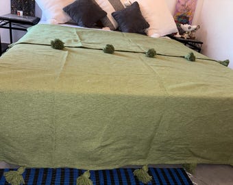 Moroccan Pompom Blanket,Moroccan green Blanket,Moroccan Throw Blanket, Pom Poms, Boho Blanket,Bed Cover,berber blanket, moroccan tassel.