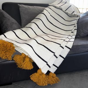 BEAUTIFUL SOFT BLANKET, MOroccan Pom Pom Blanket, Handmade Moroccan Blanket With Black Pompoms, Moroccan Blanket With Black Stripes For Gift