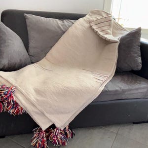 Beautiful Beige Moroccan Blanket,Moroccan Blanket, Colorful Moroccan Tassel Blanket, Pom Poms, Boho Blanket,Bed Cover, berber  blanket.