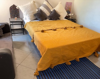 Mustard Moroccan pom pom throw blanket,bohemian decor bedcover, blanket sofa, pom pom blanket, Throw Blanket With Tassels