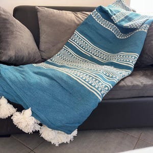 Blue Moroccan Pompom Blanket,Moroccan Blanket, Tassel Blanket, Pom Poms, Boho Blanket,Bed Cover,you can choose any color of the pompom