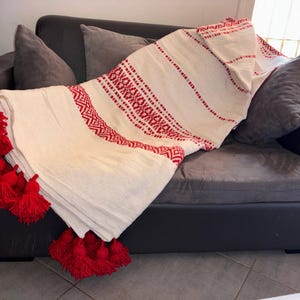 Exquisite Moroccan Pompom blanket, bed spread, moroccan throw blanket, cotton moroccan bedding, throw blankets, berber moroccan decor