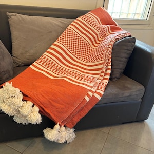 Handwoven Moroccan Pom Pom Blanket, Orange Berber Throw