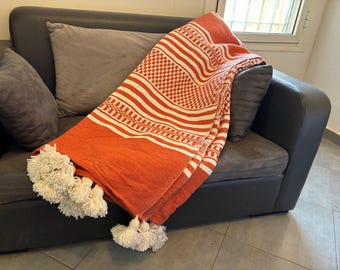 Handwoven Moroccan Pom Pom Blanket, Orange Berber Throw