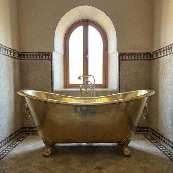 Gold Bathtub, Clawfoot Tub, Freestanding Soaking Tub, Hammered Metal Bathtub, Gold Clawfoot Tub, Luxury Moroccan Bathroom Tub