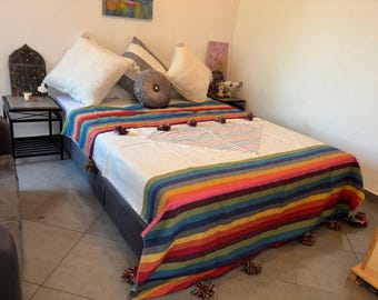 Colorful Moroccan Blanket,bedroom blanket,moroccan pompom blanket,moroccan throw blanket,bed spread, woven blanket, bed throw with tassel