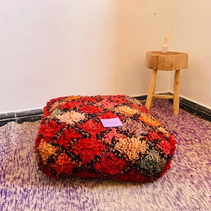 Moroccan Kilim Pouf – Vintage Square Floor Yoga Meditation Cushion, Ottoman, Colorful Outdoor Berber Pillows