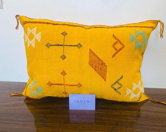 SALE! Yellow Moroccan Cactus Silk Pillows, Sabra Pillow, Blue Throw Pillow, Boho Cushion, Decorative Pillow Cover