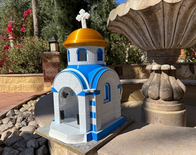 NEW -BELIEVE –Big  Greek Island Prayer Chapel | Blue & White Garden Shrine