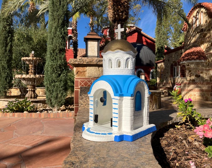 Saint Nicholas " Garden, Patio and Home Decorative Orthodox Chapel, Iconostasis  (Blue w/ Gold Dome) MADE IN USA