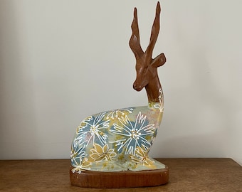 Upcycled Botanical Painted Vintage Wooden Gazelle Antelope ooak