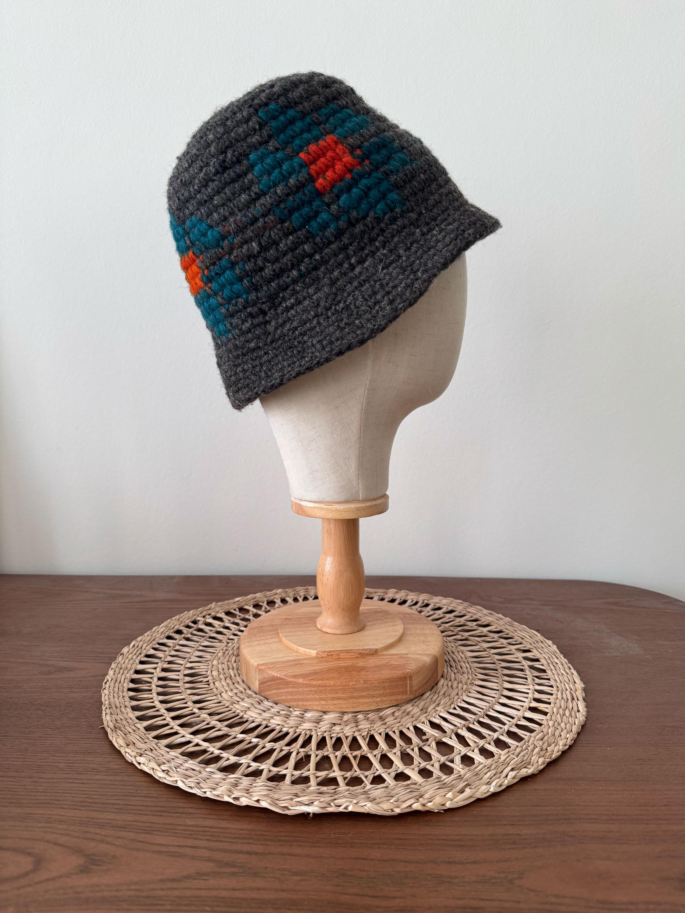 Grey Flower Pattern Crochet Bucket Hat ( Floral Beanie Cap 