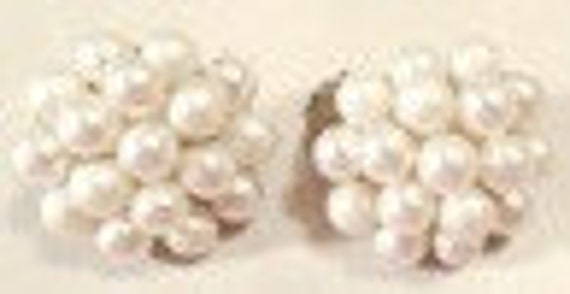 Vintage Faux Pearl Cluster Clip Back Earrings - image 1
