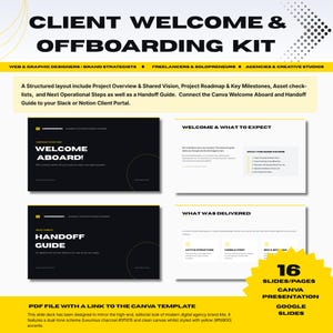 May include: A digital client welcome and offboarding kit template featuring 16 slides in a charcoal and white color scheme with yellow accents. The layout includes text headers like Welcome Aboard, Handoff Guide, and What to Expect for designers.