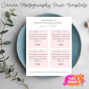 May include: A white photography price list template featuring four light pink rectangular boxes with black text. The document includes the headings photography name, photography price list, package one, two, three, and four, with placeholder text and prices ranging from $100 to $400.