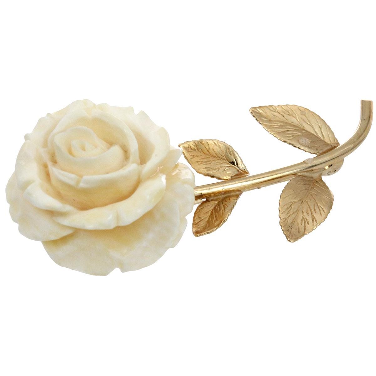 Vintage Carved White Rose Flower 12K Gold Filled Pin