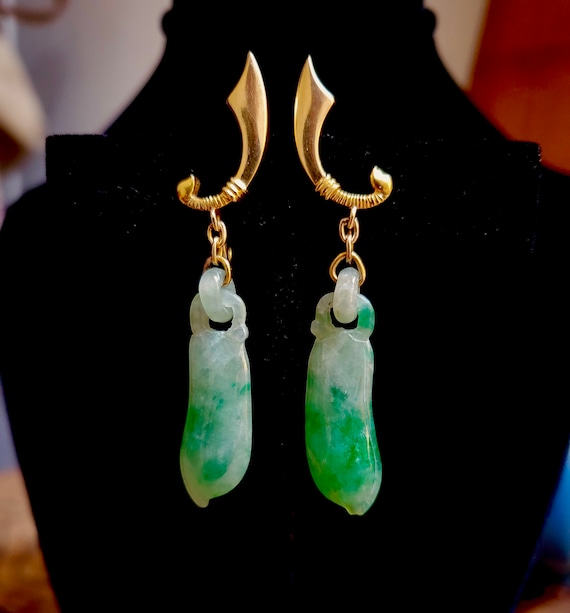 Jade And 14k Gold Earrings, Gold Sword And Green J