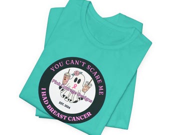 Camiseta de Halloween sobre câncer de mama, camiseta com laço rosa, camiseta de conscientização sobre câncer de mama, camiseta de apoio ao câncer, camiseta com laço rosa fantasma