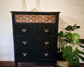 SOLD (locally)* Do NOT Purchase - Apothecary Style Jet Black Dresser Honeycomb Accent