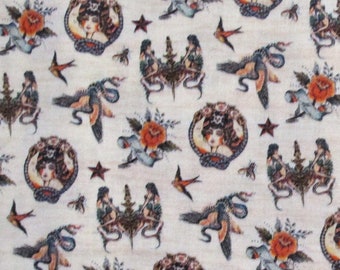 Retro Dragon Rose Tattoo Fabric Bristol Bay Studio Quilt Cotton Asian Inspired Tattoo Patterns Mermaid Swallow .5 Yard x 45&quot; FQ Half Yard