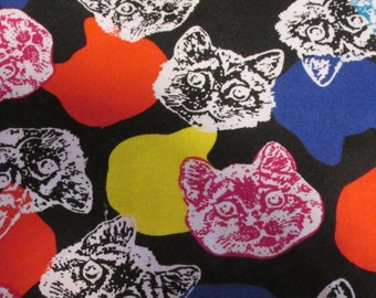 Cat Heads Bright Fabric Tumbling Kitty Toss Quilt Cotton Frisky Felines Out Of Print OOP Pink Black Red Yellow .5 Yard x 43&quot; FQ Half Yard