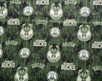 Milwaukee Bucks Cotton Quilting Fabric Novelty Material All Over Logo Licensed Green White Basketball By The Half Yard