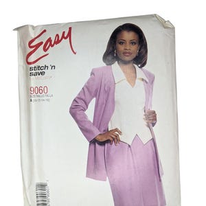 May include: A sewing pattern package featuring a woman modeling a lilac suit with a white top. The package has the word "Easy" in red script, and the text "stitch 'n save" and "9060" are also visible. Size A (10-12-14-16).