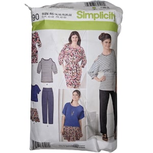 May include: A Simplicity sewing pattern packet featuring images of various women's clothing designs. The packet includes a dress, tops, and pants. The packet is white with the Simplicity logo and size information.