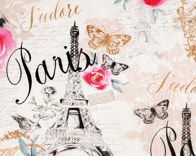 J'adore Paris Fabric Eiffel Tower Fabric French Fabric Butterfly Rose Fabric France Fabric Pink