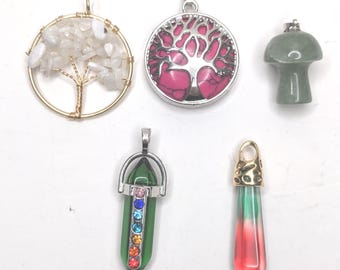 Lot Of 5 Pendants For Jewelry Making Supply Tree Of Life Points Crystals Gemstones Glass