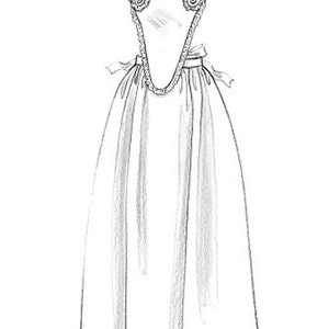 May include: A detailed sketch of a white dress with a high neckline and a fitted bodice. The dress features decorative trim along the neckline, straps, and waist, with a full skirt. Bows accent the waistline, and the hemline is finished with a simple stitch.