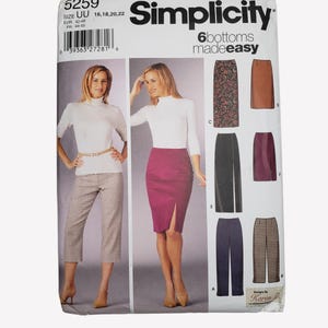 May include: Simplicity sewing pattern 5259 featuring six different skirt designs. The pattern includes sizes 16, 18, 20, and 22. The package shows images of the finished skirts and the text "6 bottoms made easy."