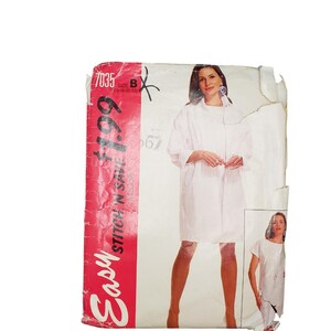 May include: A vintage sewing pattern with a woman in a white dress on the front. The pattern is labeled "Easy Stitch 'N Save" and includes the number 7035. The cover is red and white.