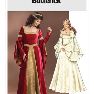 May include: Two women wearing medieval-style gowns. The gown on the left is red velvet with gold trim and the gown on the right is white with gold trim. The image includes the text "Butterick".