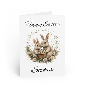 Tarjeta de Pascua personalizada con conejitos, linda tarjeta de felicitación de primavera para regalo de Pascua, tarjeta de feliz Pascua con ilustración floral de conejos