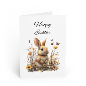 Tarjeta de Pascua personalizada con conejito, linda tarjeta de felicitación de primavera para regalo de Pascua, tarjeta de feliz Pascua con ilustración floral de conejo