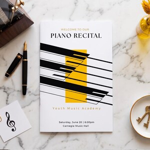 Sjabloon voor programmaboekje pianorecital | Moderne geometrische muziekschool | Minimalistisch concertprogramma Canva-sjabloon (digitale download)