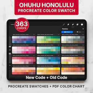 Könnte beinhalten: Ein digitaler Tablet-Bildschirm mit dem Ohuhu Honolulu Procreate Farbmuster mit 363 Farben. Die Benutzeroberfläche zeigt mehrere Farbpalettenreihen, ein rotes kreisförmiges Abzeichen mit 363 colors und den Text New Code + Old Code.