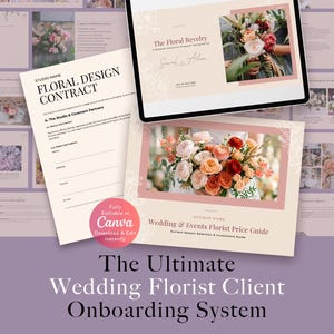 May include: A digital floral design contract and wedding florist price guide template set featuring beige and pink color schemes, floral photography, and text including The Floral Revelry, Wedding & Events Florist Price Guide, and Fully Editable in Canva.