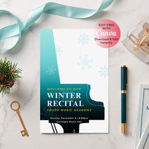 May include: A rectangular invitation card for a winter recital featuring a teal and black grand piano silhouette, white snowflake graphics, and text reading Welcome to our Winter Recital Youth Music Academy Sunday December 6 6:00pm Carnegie Music Hall.