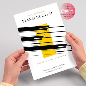 Plantilla de programa de recital de piano moderno, folleto de recital de música geométrica, programa de concierto amarillo y negro, imprimible para profesores de música, Canva