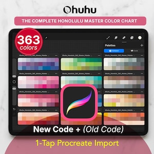 May include: A digital tablet screen displaying the Ohuhu Honolulu Master Color Chart with 363 colors organized into multiple palettes. The interface includes a Procreate icon, the text New Code + (Old Code), and 1-Tap Procreate Import.
