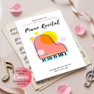 May include: A white rectangular card featuring a graphic of a pink grand piano with yellow and orange circular accents. The text reads Welcome to Youth Music Academy Piano Recital, Carnegie Hall New York, NY, May 8, 2026, 6pm. The card rests on sheet music.